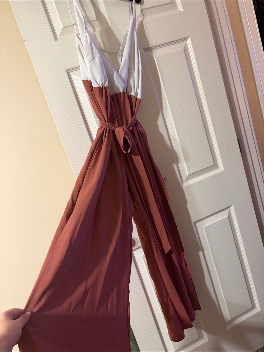 Sleeveless Two-Tone Wide-Leg Jumpsuit in Rust and White
